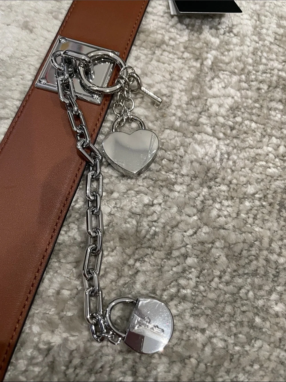 Lauren Ralph Lauren Tan Leather Belt with Silver Heart Charms